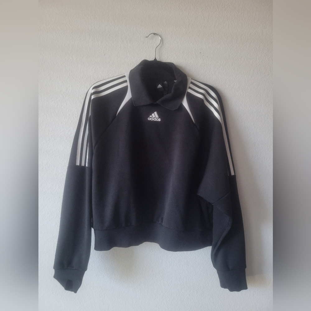 Adidas Black & White Three-Stripe Tracksuit Sweatshirt Pullover